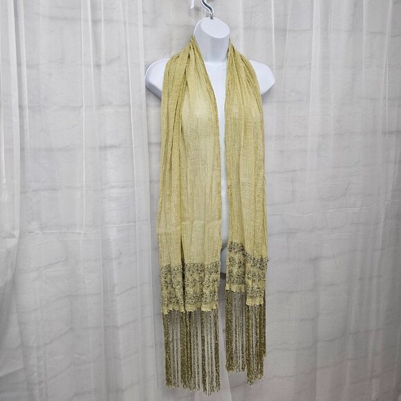 Green Boho Sheer Beaded Embroidered Shimmery Fringed Scarf - Picture 8 of 12